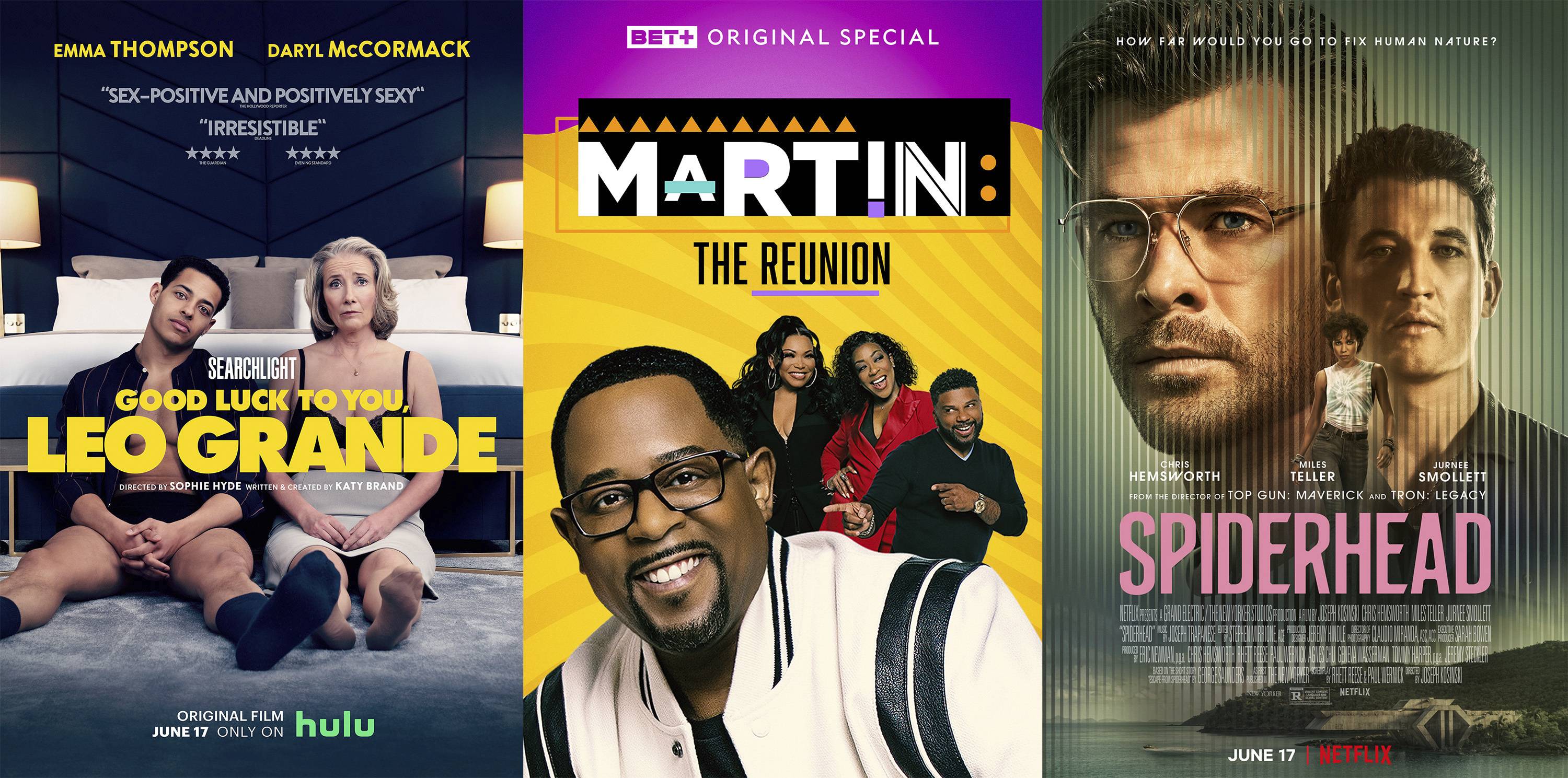 "Good Luck to You, Leo Grande" premiering Friday, June 17, on Hulu; "Martin: The Reunion," debuts Thursday, June 16, on BET+; and the Netflix film "Spiderhead" starts streaming on Friday, June 17.