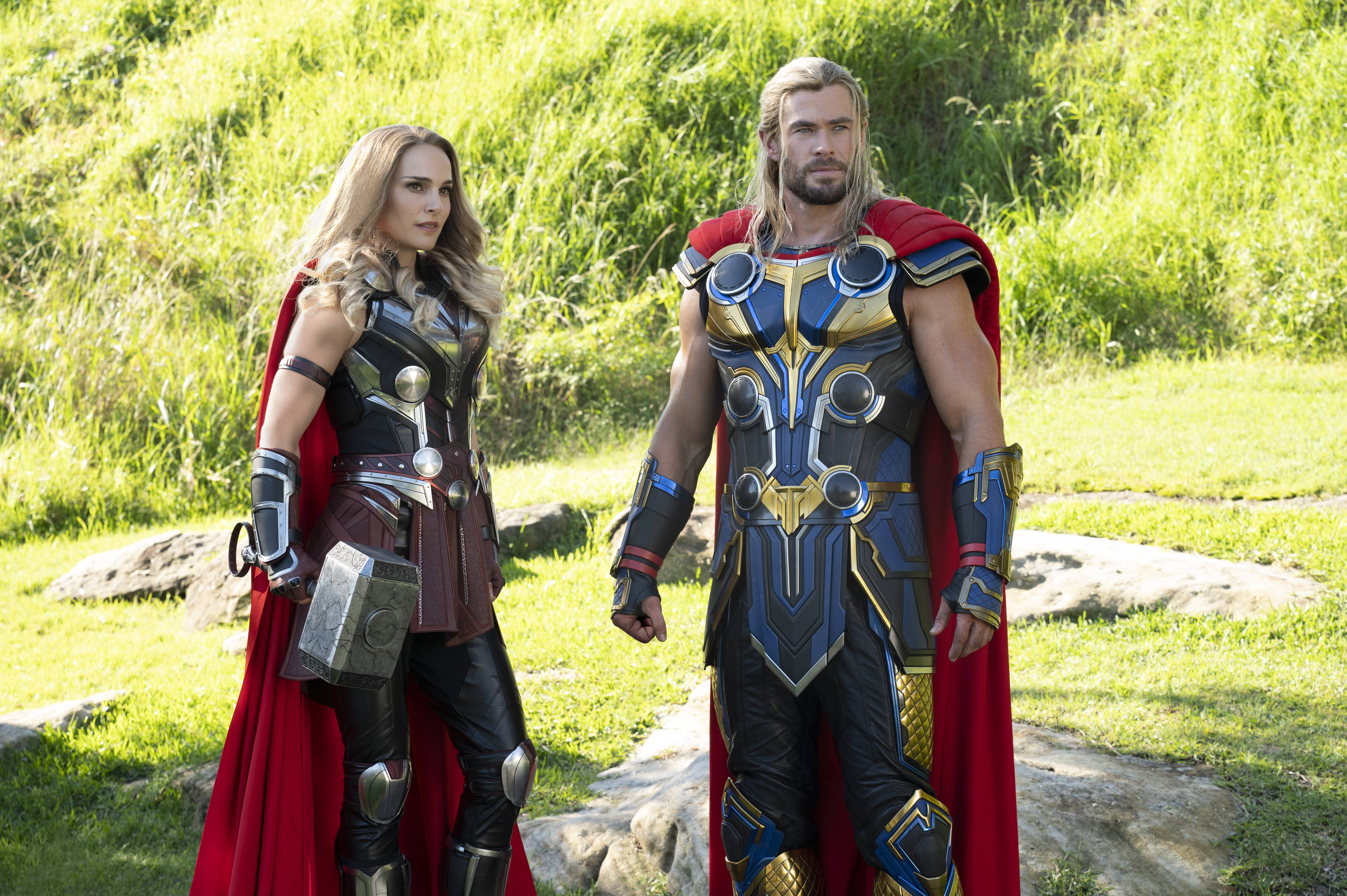 In "Thor: Love and Thunder," Jane (Natalie Portman) transformed into the Mighty Thor when she acquired Mjolnir, while Thor (Chris Hemsworth) now wields the enchanted ax Stormbreaker.