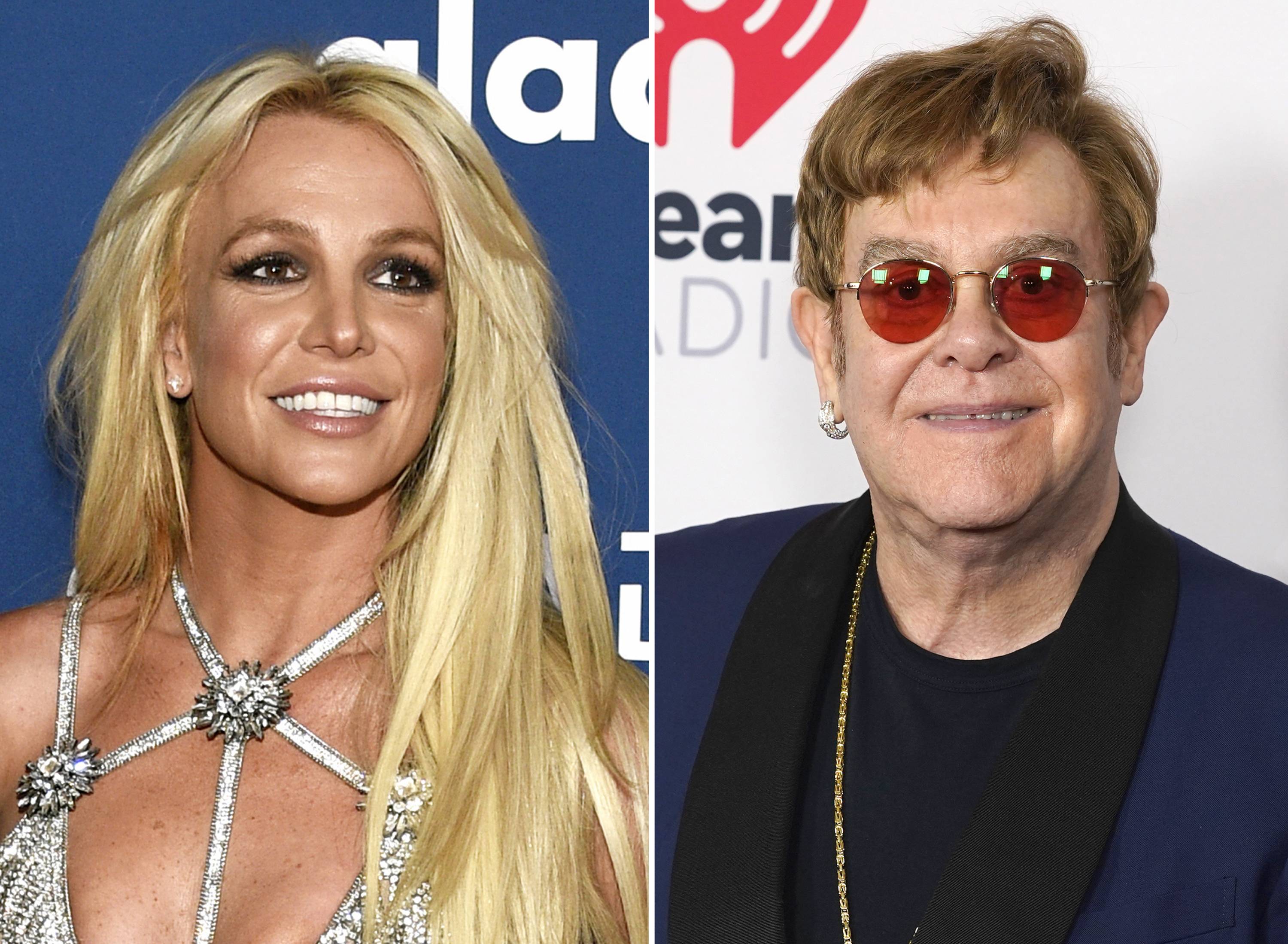 This combination of photos show Britney Spears at the 29th annual GLAAD Media Awards in Beverly Hills, Calif., on April 12, 2018, and Elton John at the iHeartRadio Music Awards on May 27, 2021, in Los Angeles.