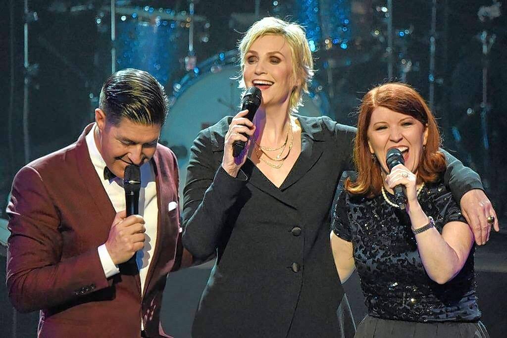 Jane Lynch, center, Kate Flannery and Tim Davis return to the Raue Center for "A Swingin' Little Christmas."