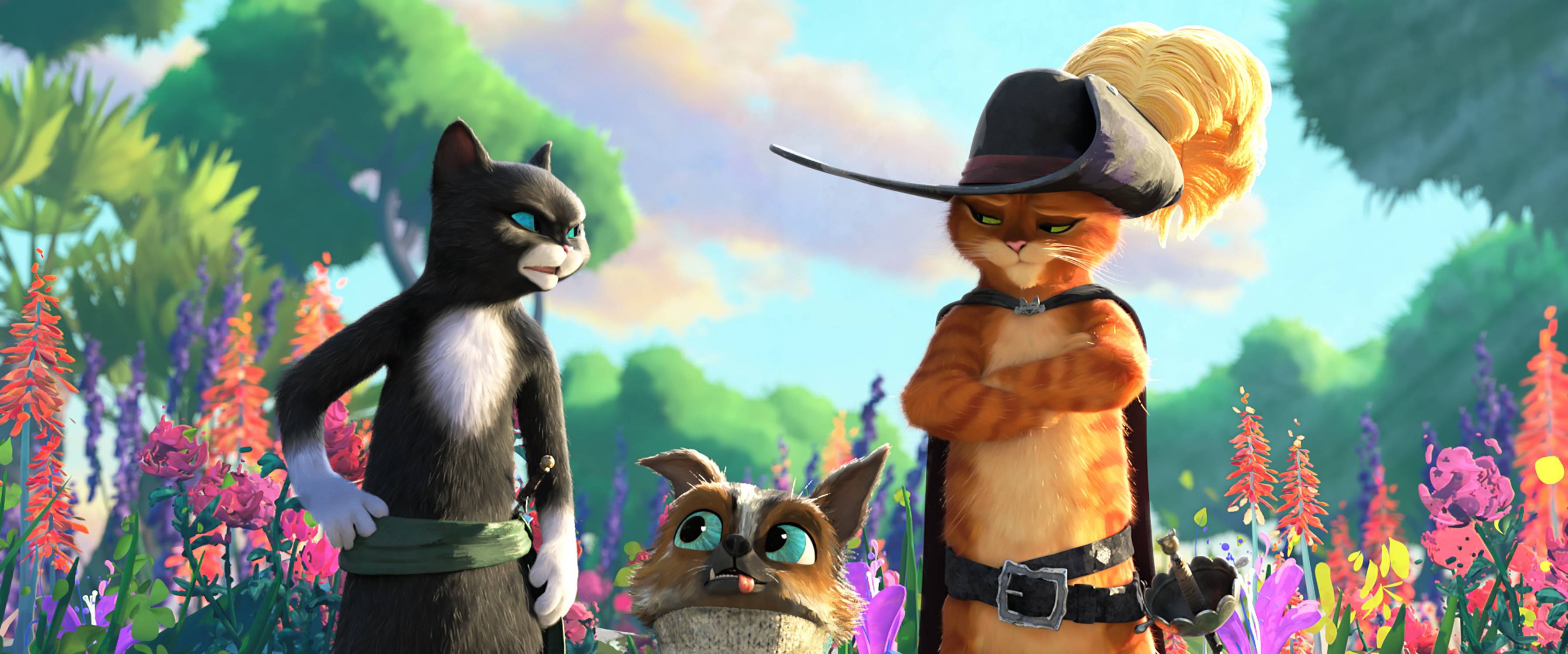 In the animated fantasy "Puss in Boots: The Last Wish," the titular hero (Antonio Banderas) has a romantic past with the slinky Kitty Softpaws (Salma Hayek) and gains a new sidekick in a nameless canine (Harvey Guillén).