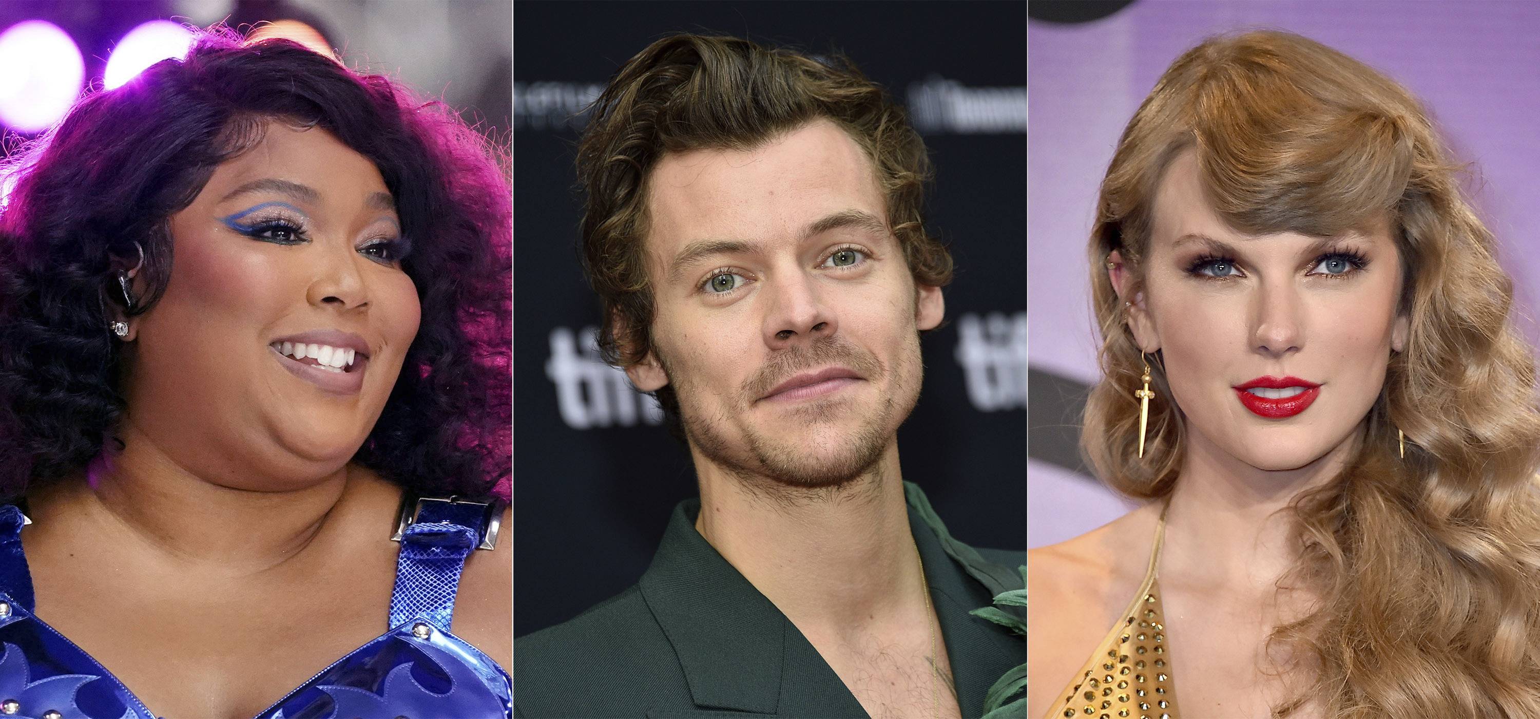 This combination of photos show Lizzo performing on NBC's "Today" show in New York on July 15, 2022, left, Harry Styles at the premiere of "My Policeman"  during the Toronto International Film Festival on Sept. 11, 2022, center, and Taylor Swift at the American Music Awards in Los Angeles on Nov. 20, 2022.